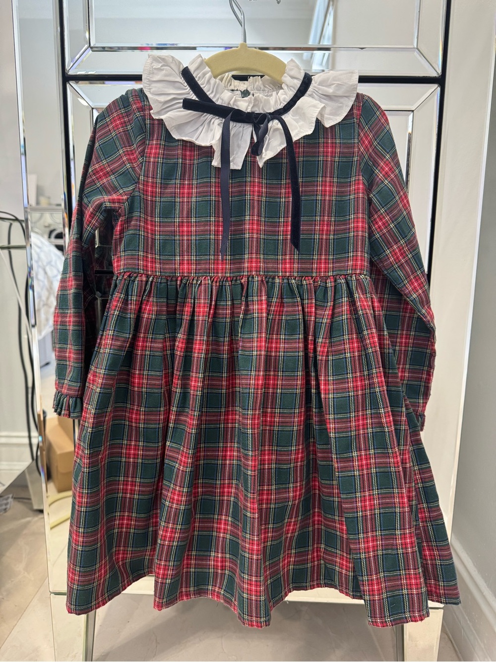 La Coqueta Girls Red and Green Plaid Ruffle Collar Formal Dress